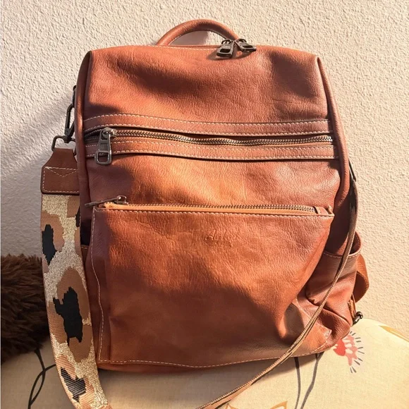 Vintage Tan vegan Leather Backpack with Patterned Strap - Picture 11 of 11